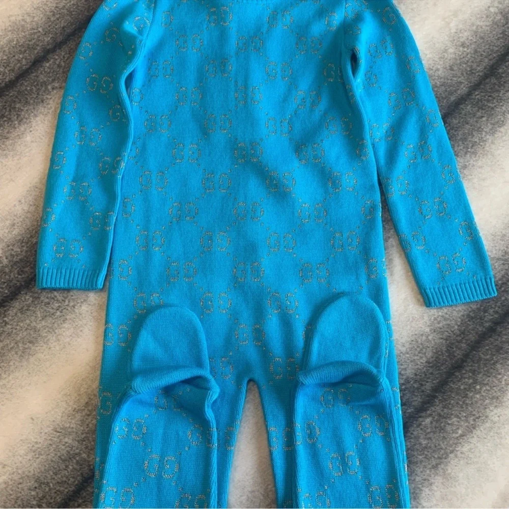 Gucci Double G Long Sleeve All In One One Piece GG Logo Gold Turquoise Onesie